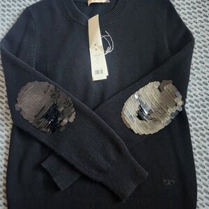 Tory Burch 100% Cashmere Black Sweater with Sequin Elbow Accents